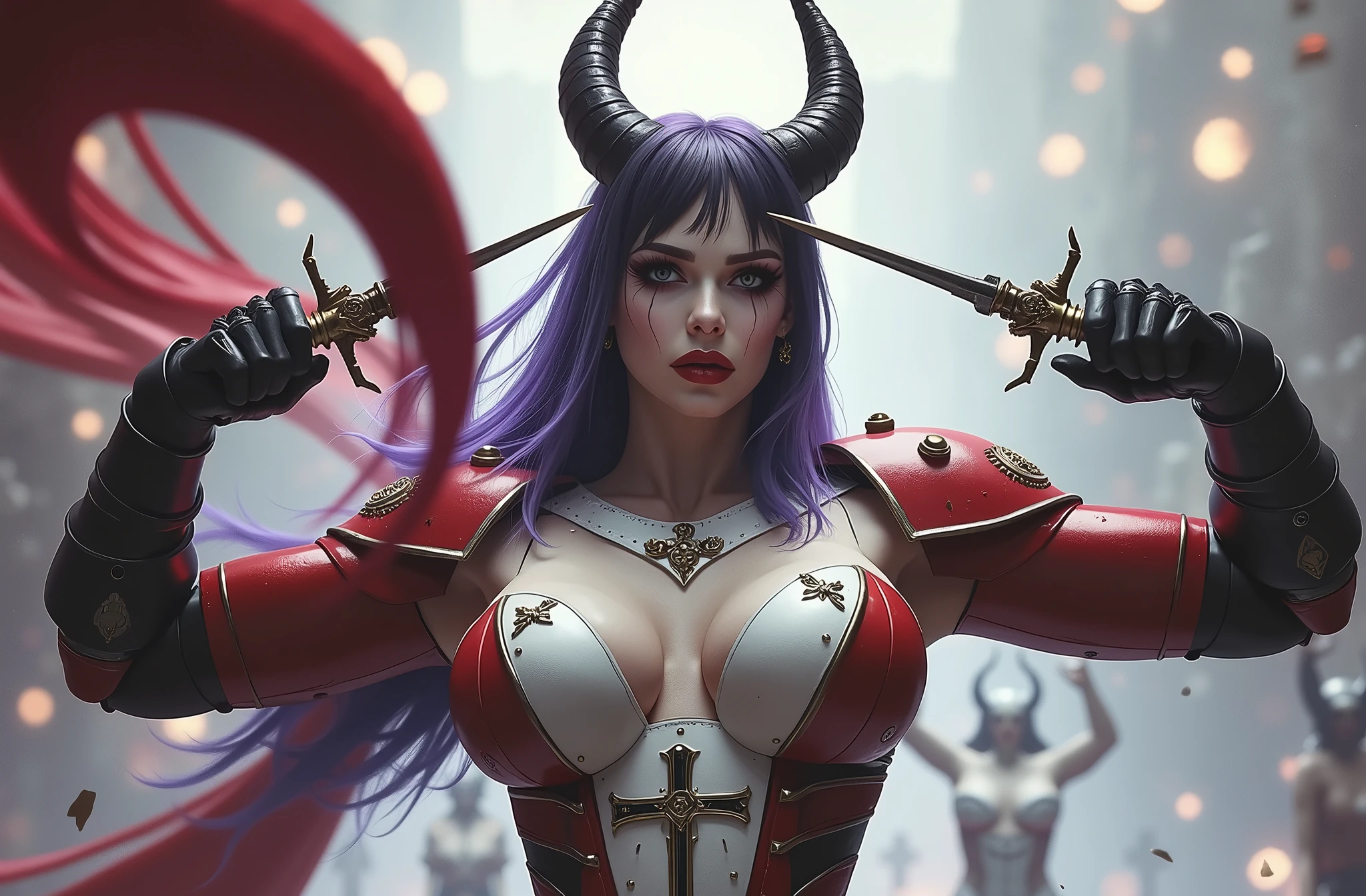 Masterpiece, Best Quality, Official Art, (Highly Detailed CG Unity 8k wallpaper), Detailed background, (Hands by Guido Daniele: 1.1). Full body pose sexy sisters of battle from the warhammer 40k, shooting at the enemy, white armor with intricate details, red armor with intricate details, religous symbols on the armor, sisters of battle, warhammer 40k, Massive silicone breast, pale skin, seductive, temptation, eat your soul, clevage, long flowing black hair with purple highlights, heavy gothic makeup, at night, neon, beautiful detailed eyes, beautiful detailed lips, extremely detailed eyes and face, long eyelashes, highly detailed armor, intricate futuristic weaponry, dramatic lighting, cinematic composition, muted color palette, gritty and realistic, mecha, science fiction, hyper-detailed, photorealistic, award winning digital art, 8k, HDR, masters work, in the middle of a battle field, full body combat action pose, explosions and fire around, full war, stunning, Stilleto heels, high heels, full body pose, cinematic, movie trailer, final stand!, nemesis, ready to strike, dust and debree, combat screams, attacking, shooting at the enemy, running forward, last line of defense, charging, fanatic, religious, templar knights, sisters of battle, warhammer 40k