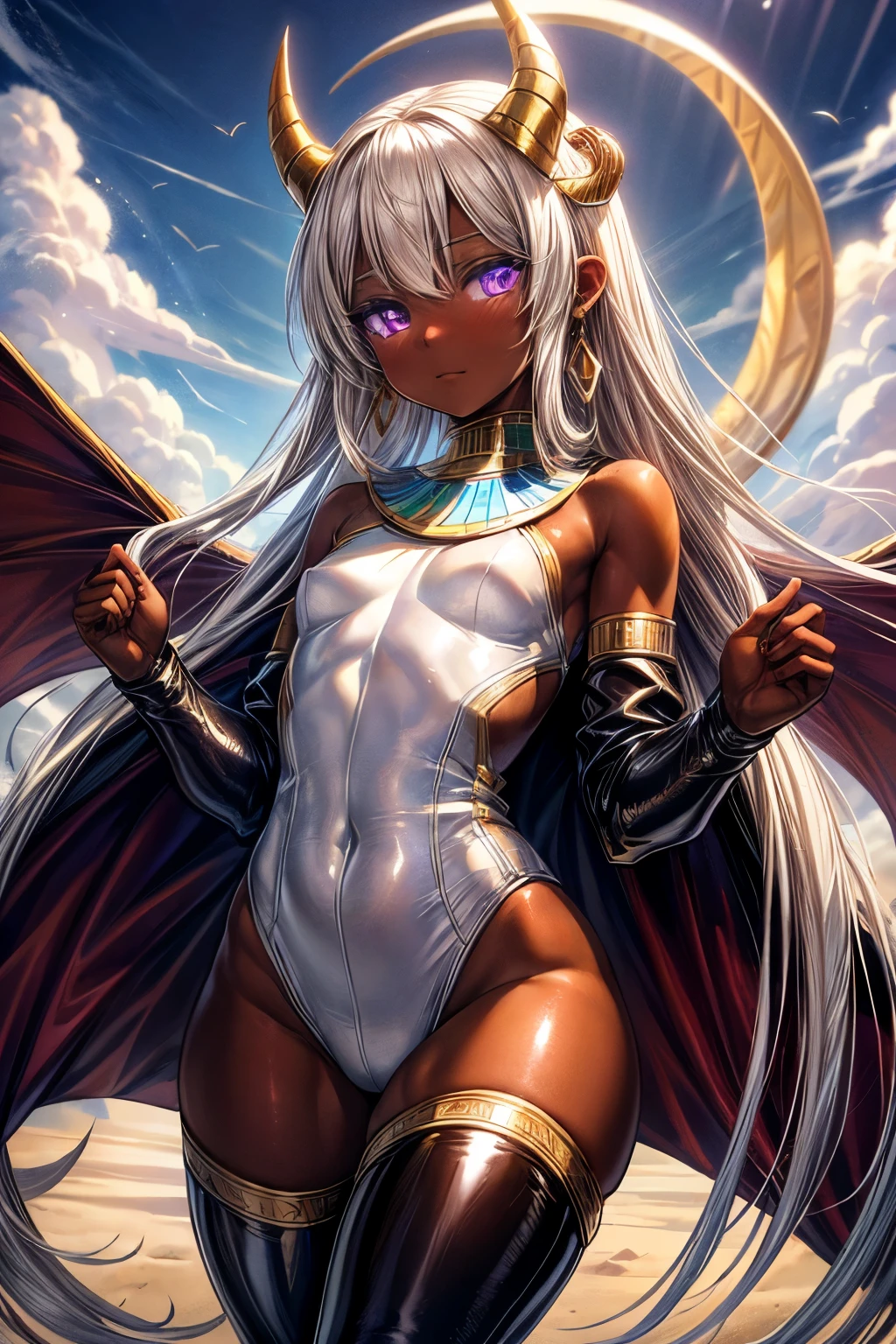 High resolution, masterpiece, Highest quality, Textured skin, girl, Only one person, Brown Skin, White Hair, White lashes, Small breasts, Demon King, Royalty, Crescent-shaped earrings, Egyptian Style, Flying in the air, Arrival, Wear warm clothes, Looks less exposed, Rubber Suit