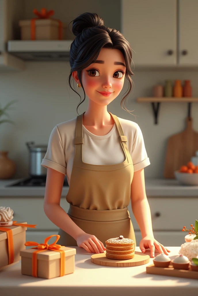 A Brazilian woman in her kitchen making the Brazilian sweet bem casado. She is wearing a tame and apron, tied hair. Has dark hair and fair skin. Your kitchen is extremely tidy and on your counter there are open wedding favors, closed and already packaged. The confectioner is very happy with the order and her profits.. PICTURE REALISTIC