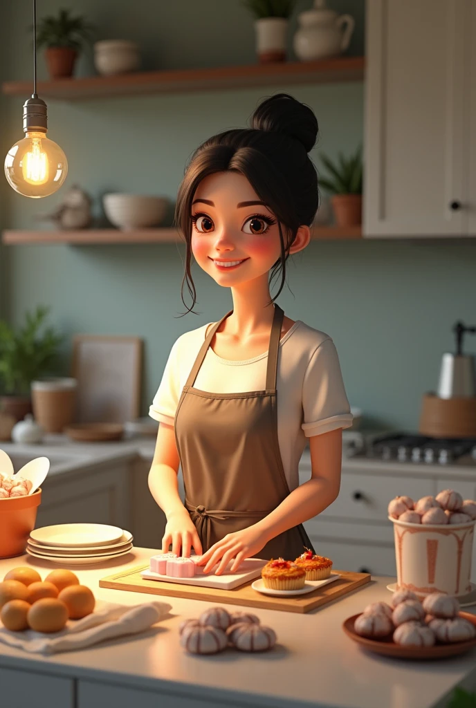 A Brazilian woman in her kitchen making the Brazilian sweet bem casado. She is wearing a tame and apron, tied hair. Has dark hair and fair skin. Your kitchen is extremely tidy and on your counter there are open wedding favors, closed and already packaged. The confectioner is very happy with the order and her profits.. PICTURE REALISTIC