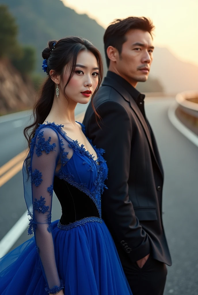 Chinese actress in blue and black dress with Hollywood superstar on running highway
