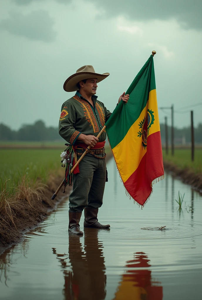 Create a photo-realistic image of a traditional gaúcho scene that captures the essence of solidarity during a natural disaster. The scene features a gaúcho wearing traditional attire, including bombacha, a boina, and boots, standing in a partially flooded field. He is holding the flag of Rio Grande do Sul, with its green, red, and yellow colors vividly reflecting in the floodwaters. His expression is determined and resilient, symbolizing the strength and unity of the gaúcho people. The background shows a cloudy sky, adding a somber yet hopeful atmosphere to the image.