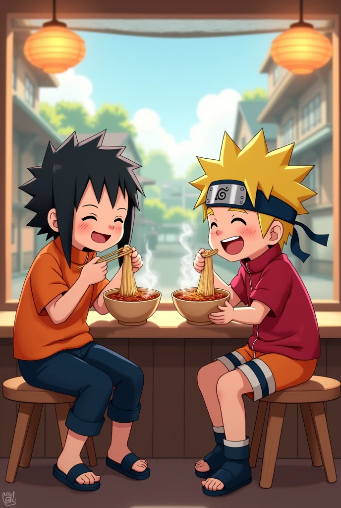"Create a 2D illustration of Shinchan and Naruto sitting together at the Ichiraku Ramen shop in the Naruto universe. Naruto should be in his usual orange ninja outfit, while Shinchan wears his signature red shirt and yellow shorts. Both are happily eating bowls of ramen, with chopsticks in hand. The setting should include the iconic Ichiraku Ramen shop, with its wooden counter, stools, and the warm, cozy atmosphere of the shop. The background can feature a glimpse of the Hidden Leaf Village, with soft lighting to create a friendly and inviting scene."