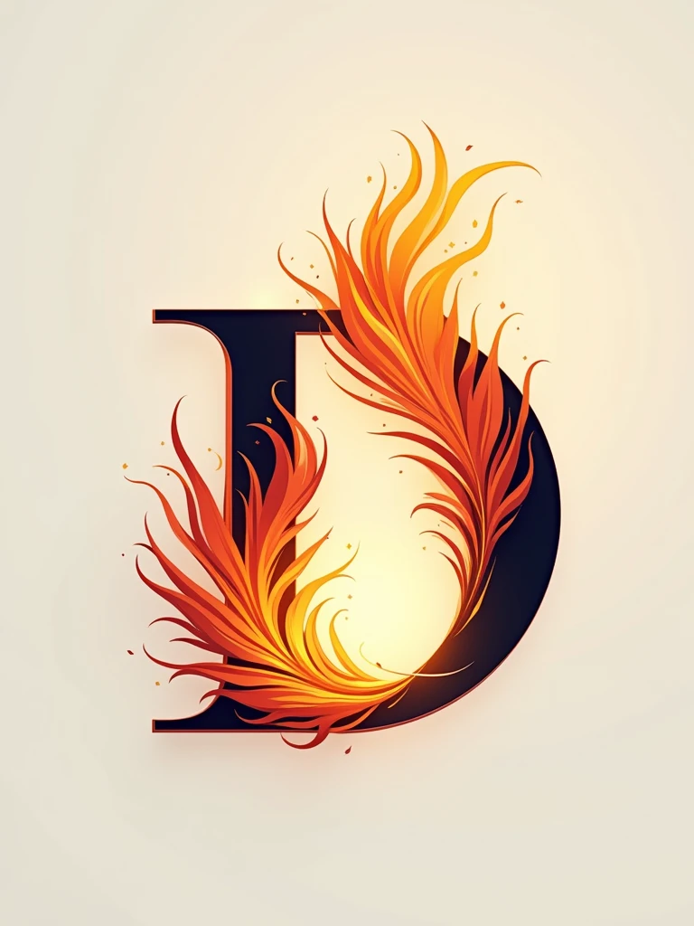 a logo of the letter D with that feather inside, phoenix feather burning in the center of the letter D, corporate entertainment logo
