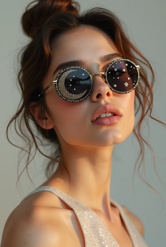 The model is wearing glass sunglasses with stars and the moon on the glass