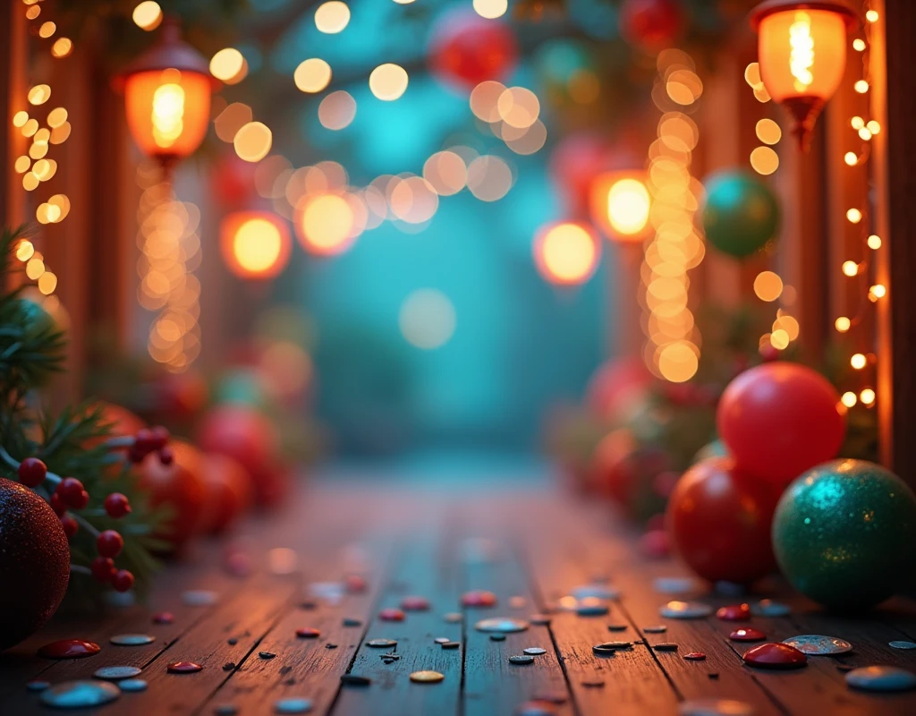 A festive and cheerful photography background, with a combination of sparkling lights of various colors, como azul, rot, green and gold. The setting should have a magical and welcoming atmosphere, with fairy lights hanging, soft and bright lanterns, and a blurred bokeh lights effect in the background. May include decorative elements such as balloons, discreet streamers and confetti, to enhance the festive atmosphere. The general tone should be celebratory., with warm and inviting lighting."

This setting would provide a lovely setting for photographs at festive events., creating a memorable and magical atmosphere.