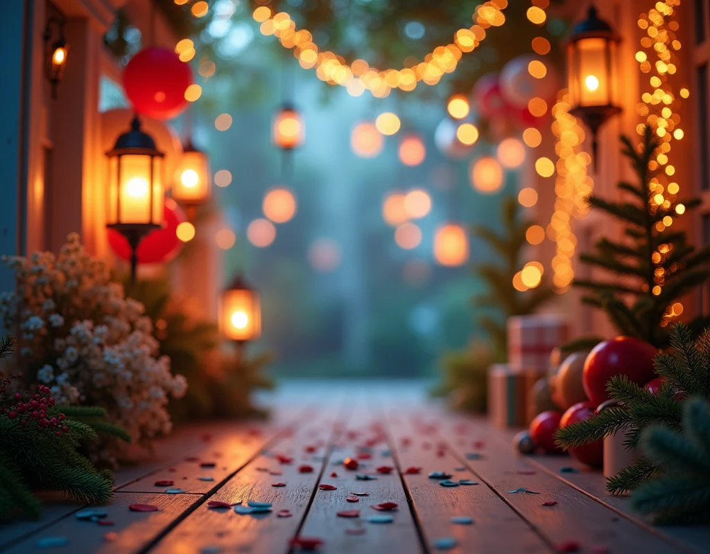 A festive and cheerful photography background, with a combination of sparkling lights of various colors, como azul, rot, green and gold. The setting should have a magical and welcoming atmosphere, with fairy lights hanging, soft and bright lanterns, and a blurred bokeh lights effect in the background. May include decorative elements such as balloons, discreet streamers and confetti, to enhance the festive atmosphere. The general tone should be celebratory., with warm and inviting lighting."

This setting would provide a lovely setting for photographs at festive events., creating a memorable and magical atmosphere.