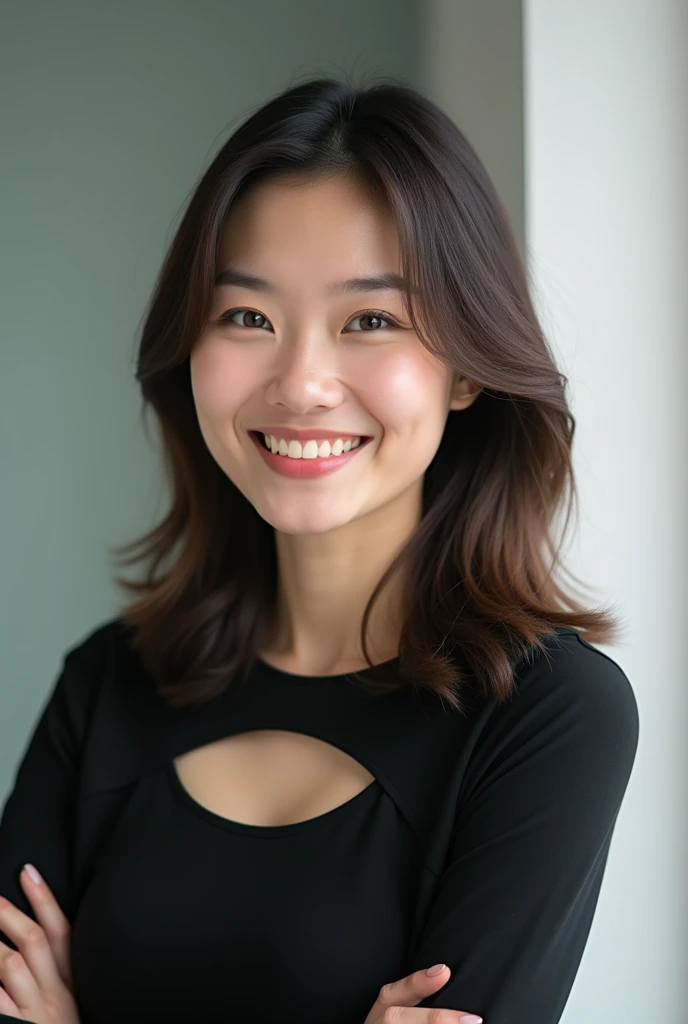 A beautiful Japanese woman in her early 30s with shoulder-length, semi-long hair, wearing a black cut-out top, smiles warmly and cheerfully. The angle captures her upper body, focusing on her kind and welcoming expression. The background is simple and minimalistic, emphasizing the professional and friendly nature of the image. Her posture is relaxed, with her hands gently placed in front of her, conveying a sense of calm and approachability.
