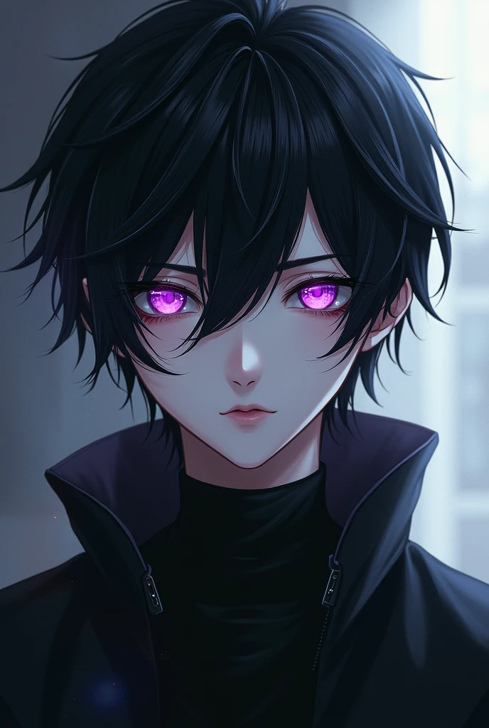 Mash Hair、Black Hair、low length、Skin color is white、Eye color is purple、male