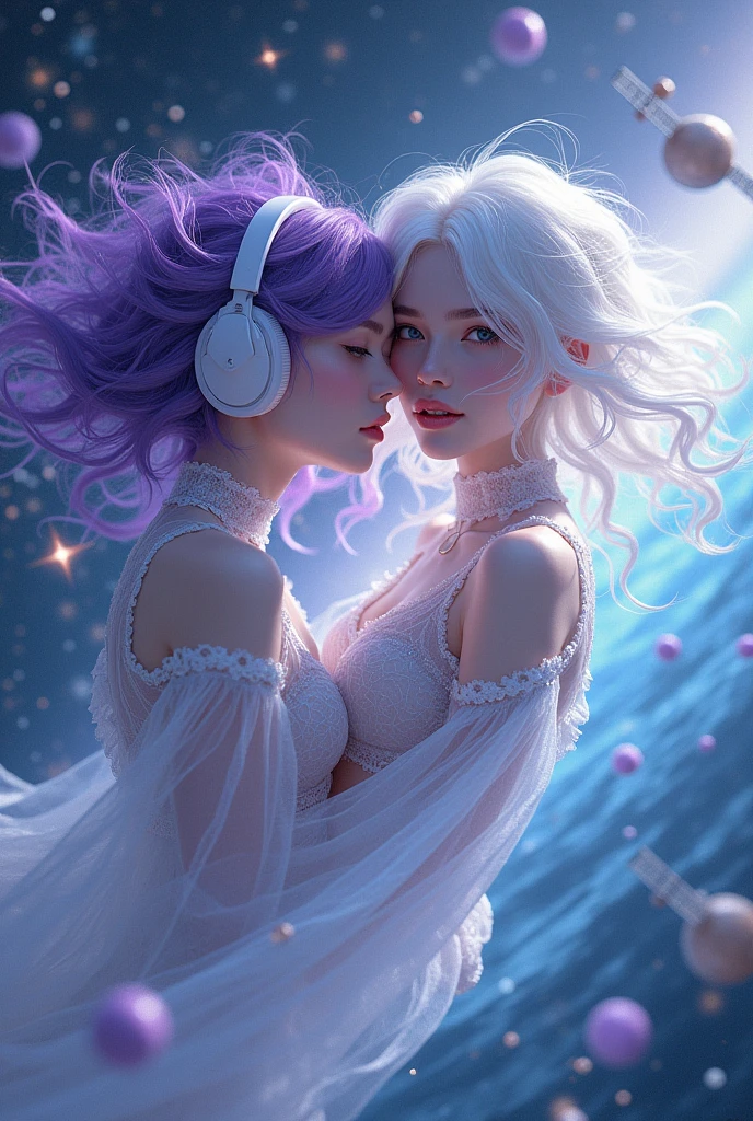 Korean purple hair butterfly woman with headphone and transparent cosmic dust outfit and/ white hair white woman flying over satellites in space galaxy friends two women together and satellites perfect face 