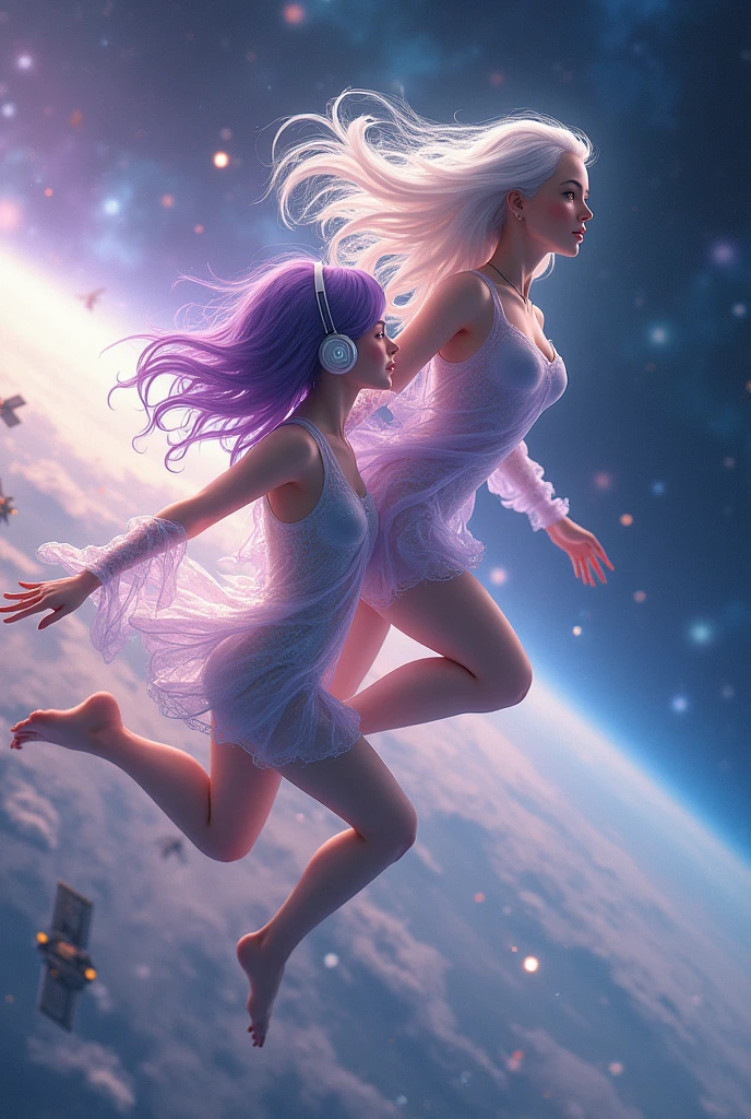 Korean purple hair butterfly woman with headphone and transparent cosmic dust outfit and/ white hair white woman flying over satellites in space galaxy friends two women together and satellites perfect face
