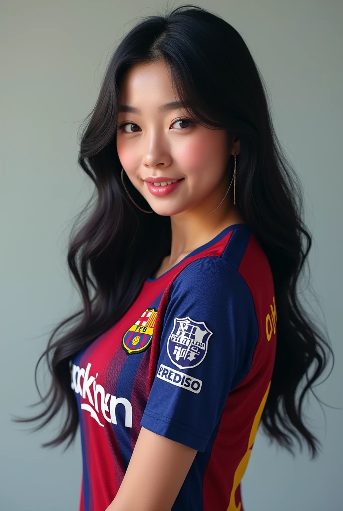(photorealism:1.2), Jennie of Blackpink wearing FC Barcelona shirt with 8 in the back