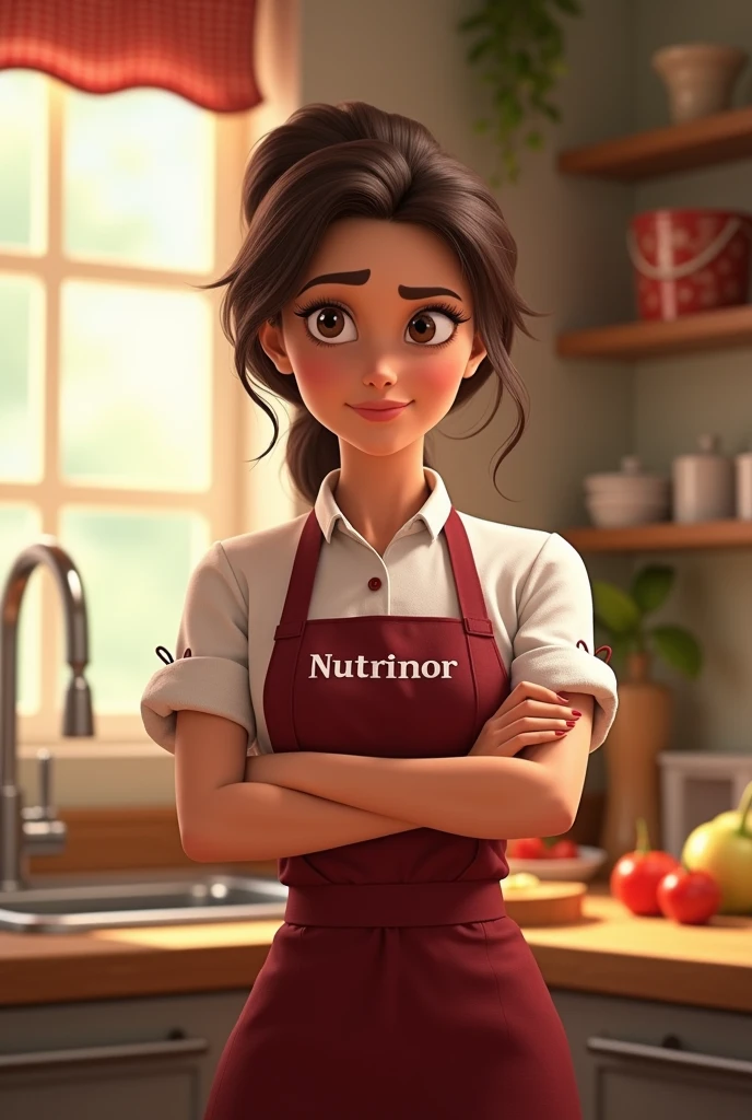 A FEMALE NUTRITIONIST WITH A MANAGERIAL AIR, DRESSED IN A CHEF'S OUTFIT WITH THE NUTRINOR COMPANY LOGO IN BURGUNDY RED, EMBROIDERED ON THE CHEST OF THE CLOTHING, WITH ONE HAND ON THE WAIST AND THE OTHER ON THE CHIN, expressing doubt. DRAWING LIKE PIXAR