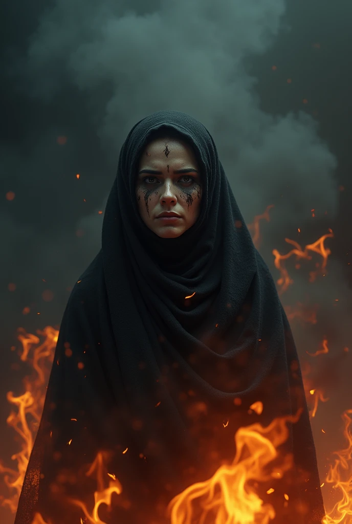 A despaired muslim woman, soaked in grief, restlessly burning in fire with black burned skin, hoping for death. flames and dark cloud as background