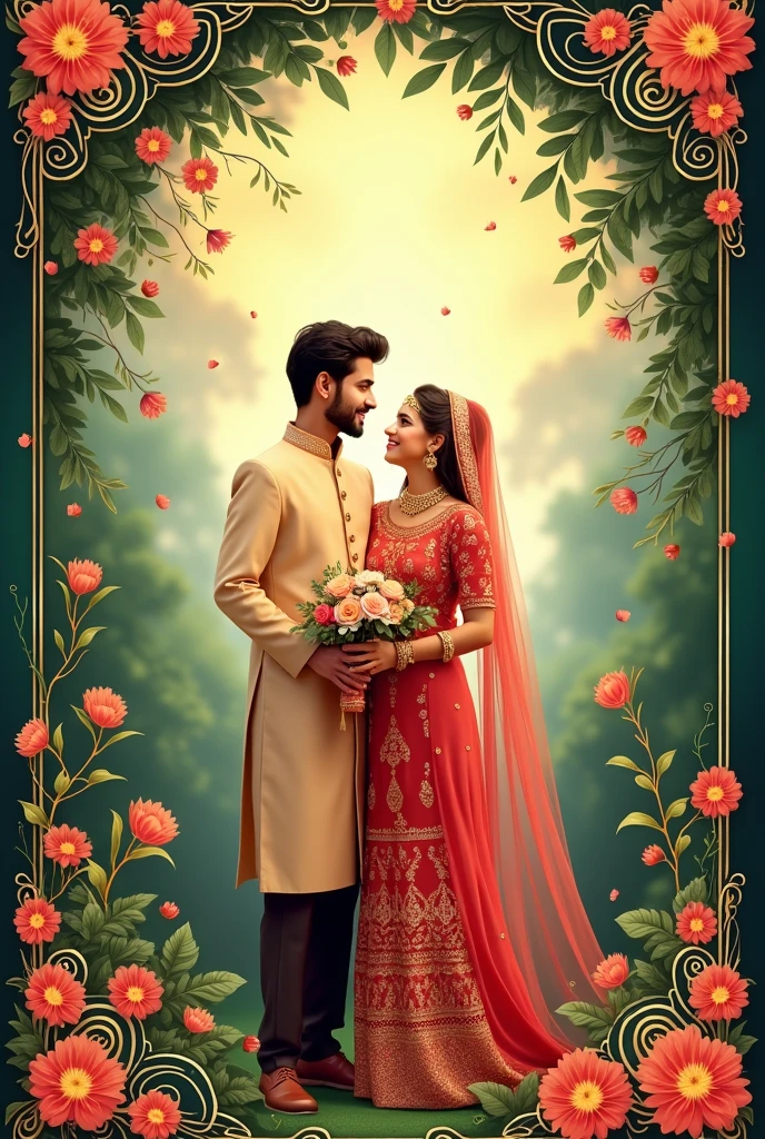 Create a wedding card invite groom Shahab Tufail and bride Mizna Javed 