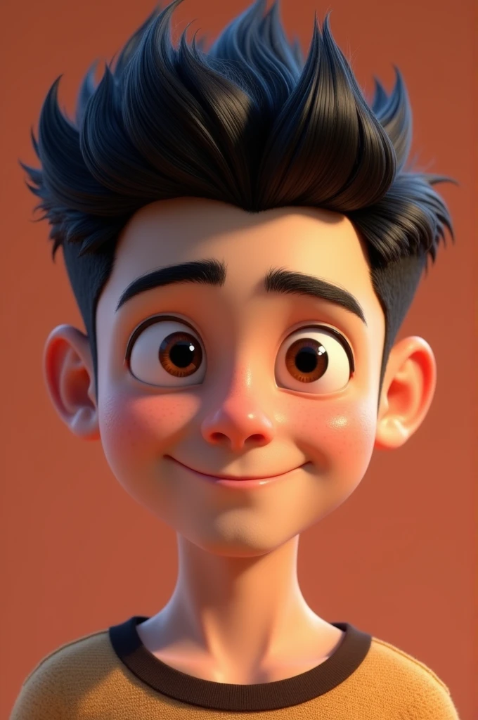 A brown-eyed male character with black hair cut in a 3D Disney style jaca/pixar