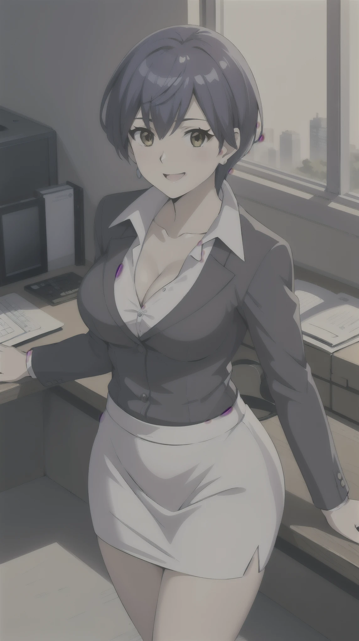 （（super high quality,））（（Ultra-high resolution,））（16K,）（super masterpiece,）（（Ultra HD ,））（Detailed shading,）Sexy office lady,Cleavage,Tight-fitting white collared shirt,White tight skirt,smile,Office with morning sunlight streaming in,