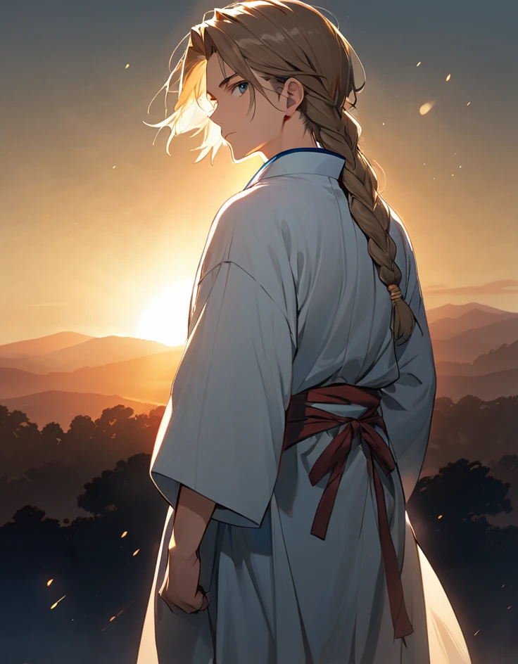 1 boy,flegs,the braided fringe,(standing alone:1.2),apron,back hair, ,looking ahead at viewer, lighting sun,Hanfu, 