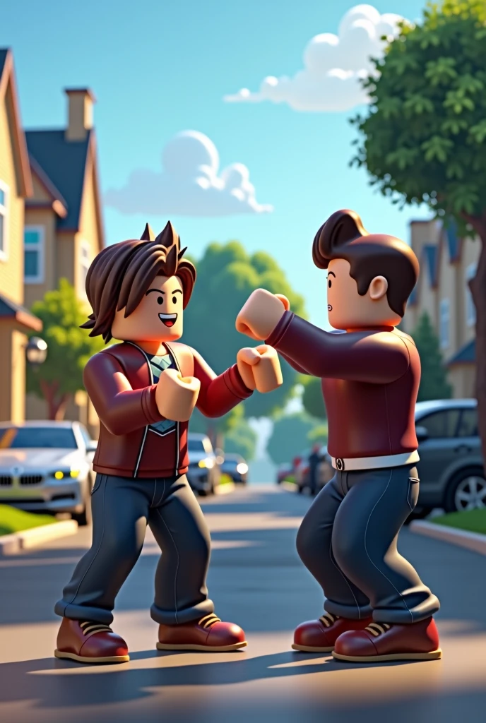 Create an image of a Roblox character fighting in a neighborhood with his fists