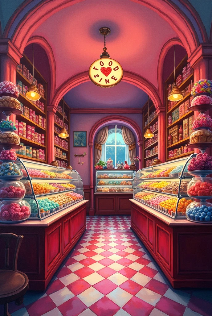 A dazzling and vibrant candy shop, filled with an array of colorful and delicious treats, each more enticing than the last. A sign hanging above reads "Passion" and "Food & Cake". This scene is depicted in a painting, capturing the essence of a sweet paradise. Rich hues of red, pink, and yellow dance before your eyes, drawing you in with its mouthwatering display. The attention to detail and impeccable craftsmanship make this image a delightful feast for the senses.