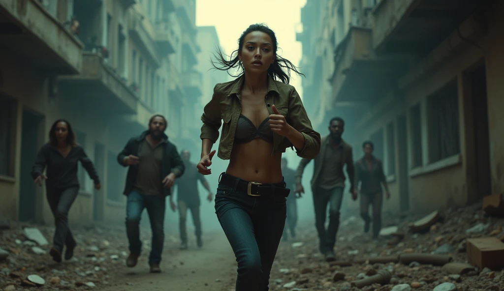 A low-angle, full-length shot of a beautiful woman in sexy clothing running away from zombies on a post-apocalyptic urban street, with rubble and ruins scattered about, a tense and fearful expression on her face, illuminated by the bright glow of flickering street lights in twilight, shot with Sony A7S III, 50mm f/1.4 lens, high contrast with desaturated tones