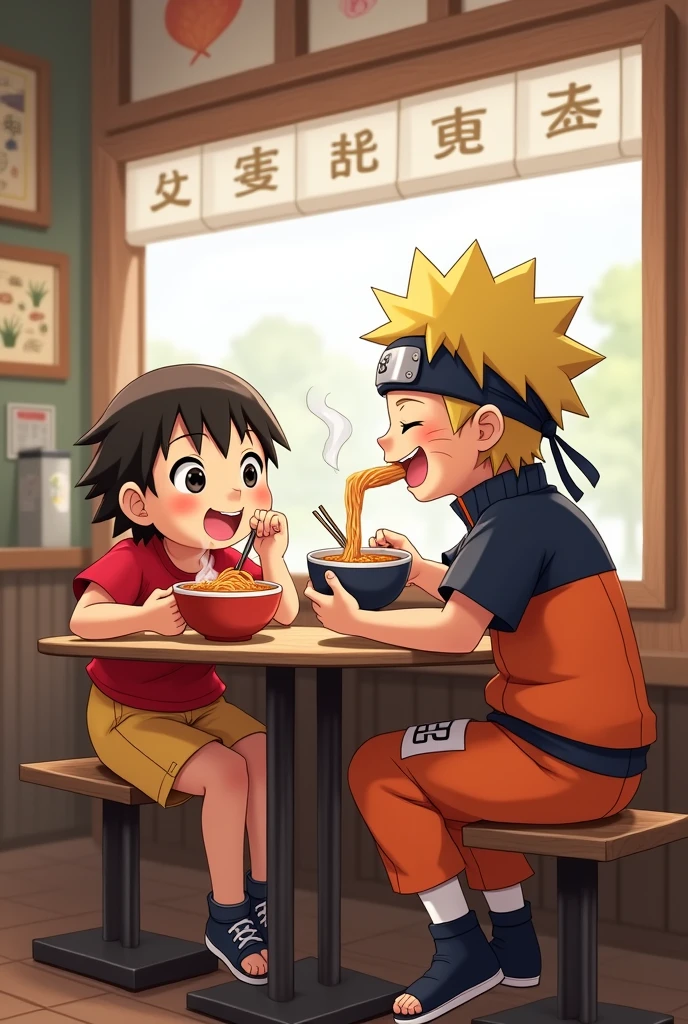 "Create a 2D illustration of Shinchan and Naruto sitting together at the Ichiraku Ramen shop in the Naruto universe. Naruto should be in his usual orange ninja outfit, while Shinchan wears his signature red shirt and yellow shorts. Both are happily eating bowls of ramen, with chopsticks in hand. The setting should include the iconic Ichiraku Ramen shop, with its wooden counter, stools, and the warm, cozy atmosphere of the shop. The background can feature a glimpse of the Hidden Leaf Village, with soft lighting to create a friendly and inviting scene."