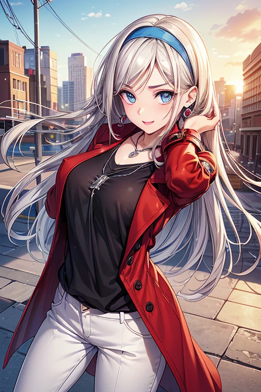 #Basics Girl posing for a photo, animeのcute少女, ((One Girl)), ((Baby Face:1.5)), ((cute:1.5)), (()), 
break 

#Clothing Accessories 
((Red trench coat)Under(Black Shirt)Wearing + white skinny pants + Black high heels), 
((Blue gemstone earrings、Silver Necklace、White headband)), 
break 

#Features 
((Blonde)), ((A beautiful frame is visible. + Center-parted bangs)), ((very long transverse hair)), ((short hair) : Short Hair + Voluminous Hair + Curly Hair + Curly hair), 
((Big eyes:1.4)), ((blue eyes)), 
(Small breasts), 
(White skin), 
break 

#background environment 
((noon, Sunlit downtown, (blue sky))), 
#Facial Expression Pose 
((smile + (Open your mouth))), ((Stand with your legs stretched out、Fold your arms under your chest)), 
#composition 
((Angle from the front)), ((Cowboy Shot)), 
break 

#Body parts elements 
(Slim figure), 
(Symmetrical facial features), 
(Detailed Hair, Beautiful Hair, Shiny Hair), 
(double eyelid, Long eyelashes, Thin eyebrows:0.5), 
(Detailed eyes), (Beautiful Eyes), (Sparkling eyes), Glitter Eyeliner, 
(Human Ear), 
(Beautiful Nose, Thin Nose), 
(Glossy Lips, Beautiful Lips, Thick lips), 
(Detailed skin, Textured skin, Beautiful Skin, Oily skin), 
break 

#quality  
(((最高quality)), ((masterpiece:1.3)), ((Very detailed))), ((Ultra-high resolution)), ((16K)), ((1080P)), ((Full HD)), 
((Anatomically correct)), ((Realistic)), (3DCG), ((oil)), 
((comics, anime)), (CG illustration), (RAW Photos), 
