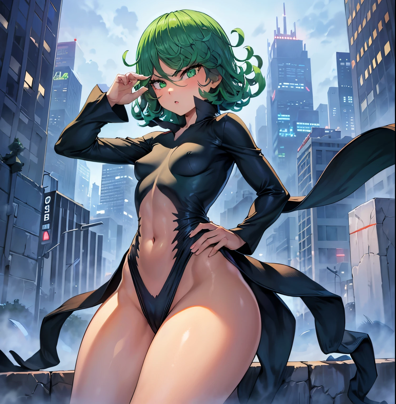 ((1girl)),((alone)), tatsumaki,(masterpiece), (best quality), (ultra detailed), (best illustration), (best shadow), (absurdities), sharp focus, cowboy shot, dynamic posture to the viewer, small breasts, narrow waist, wide hips, horrible thighs, round butt, naked, erotic, romantic, (very detailed eyes, lips 1.1), very detailed eyes, eyes, Very detailed face, Very beautiful face, height full, beautiful slim figure, femininity, expressive appearance, elastic small breasts, increased sexuality, serious look, angry, green eyes, green hair, arms crossed, black dress, long sleeves, bare legs, clouds, defined body, perfect and beautiful body , perfect and beautiful, White micro panties inserted in the crotch. closed mouth, serious expression, (sexy pose: 1.2), ((solo)), standing: 1.3, outside, futuristic cityscape, rainy city, streets, city lights, night, neon lights, looking forward ( (focus on hips:1.3), point of view (from middle), red blush, perfect anatomy, perfect hands,