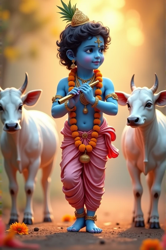 A young figure representing Lord Krishna stands serenely, playing a flute. The figure has blue skin and is adorned in traditional attire with a pink dhoti and a golden necklace. A garland of marigold flowers hangs around the neck. Two white cows are seen walking beside him against a softly blurred warm background. The overall scene conveys a sense of tranquility and devotion.