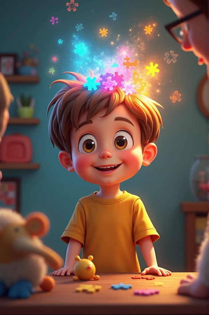 Boy with light brown hair smiling with colorful puzzle in his brain, looking at a smiling psychologist and playing with him in a room with toys