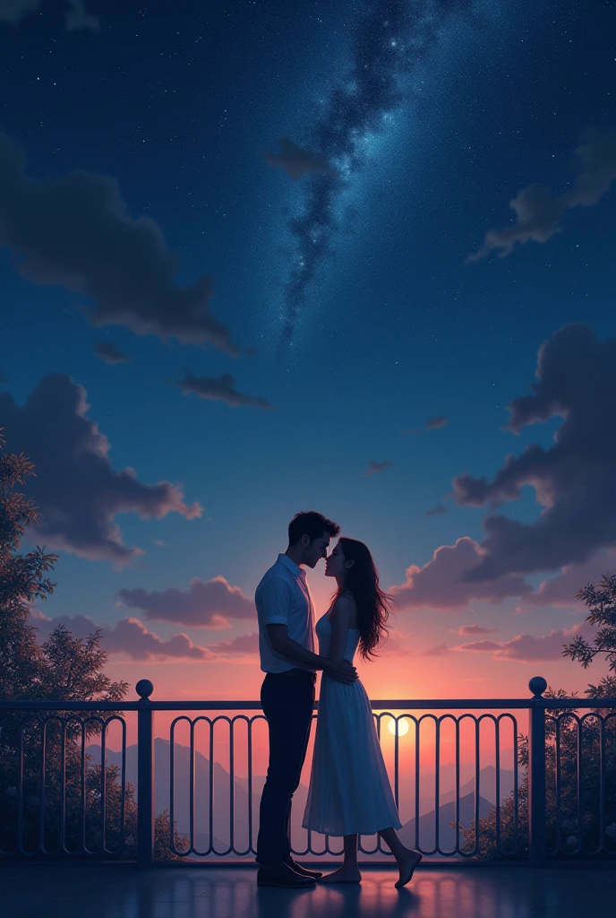 The light of the stars in the sky eating in love a man and a woman on a terrace and the light