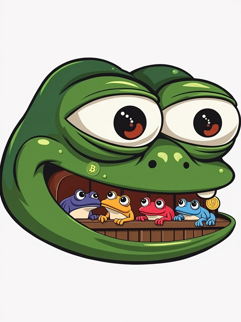 Draw 5 animated frogs of various colors talking while sitting in a bar and Crypto token symbols coming out of their mouths, on this person's glasses symbols of Bitcoin and memecoins (Dogecoin, Shina inu, pepe)
This drawing is to create a logo.