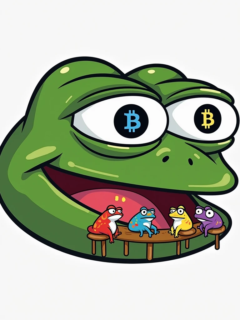 Draw 5 animated frogs of various colors talking while sitting in a bar and Crypto token symbols coming out of their mouths, on this person&#39;s glasses symbols of Bitcoin and memecoins (Dogecoin, Shina inu, pepe)
This drawing is to create a logo.