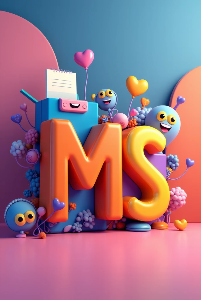 A pink logo , with vibrant colors with the initials MS in 3D , with a drawing of a printer, notebook and very happy hearts. Pixar animation style