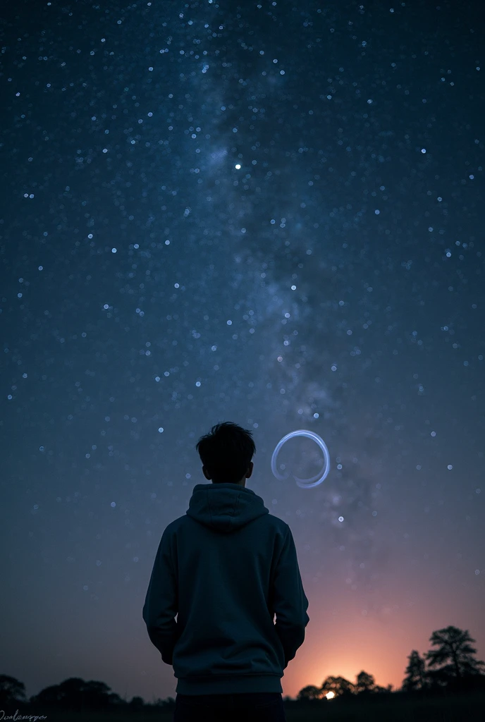 long exposure starry sky with many circular orbits, focus at stars,silhouette of a young man with his hands in her coat pockets looking up at it,golden ratio, wearing Hoodie