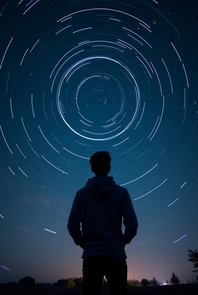 long exposure starry sky with many circular orbits, focus at stars,silhouette of a young man with his hands in her coat pockets looking up at it,golden ratio, wearing Hoodie