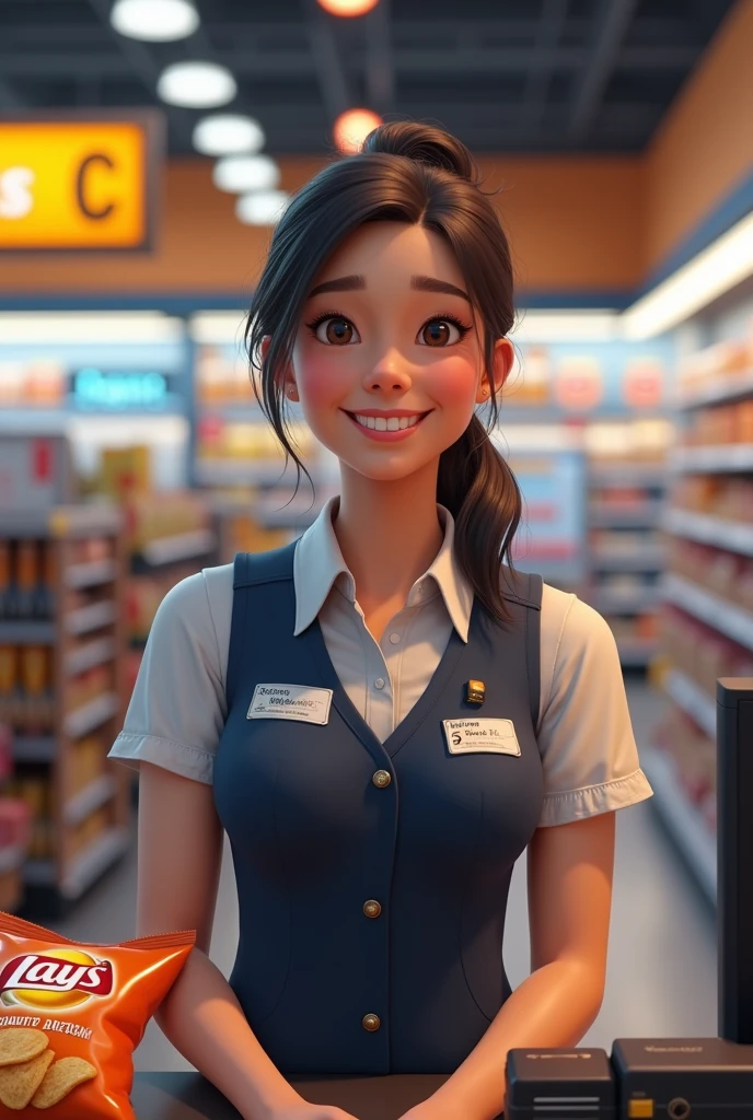 "Create a detailed, realistic image of a friendly-looking female cashier at a checkout counter in a well-lit, modern supermarket. She has a warm smile and is wearing a dark blue vest with a white shirt underneath, adorned with a name tag and a store logo (similar to Walmart). In front of her on the counter is a bag of Lay's Stax chips, neatly placed. The background should show the store’s checkout area with signs displaying aisle numbers and various shelves filled with products. The lighting should be bright, and the overall atmosphere should feel welcoming and professional."
