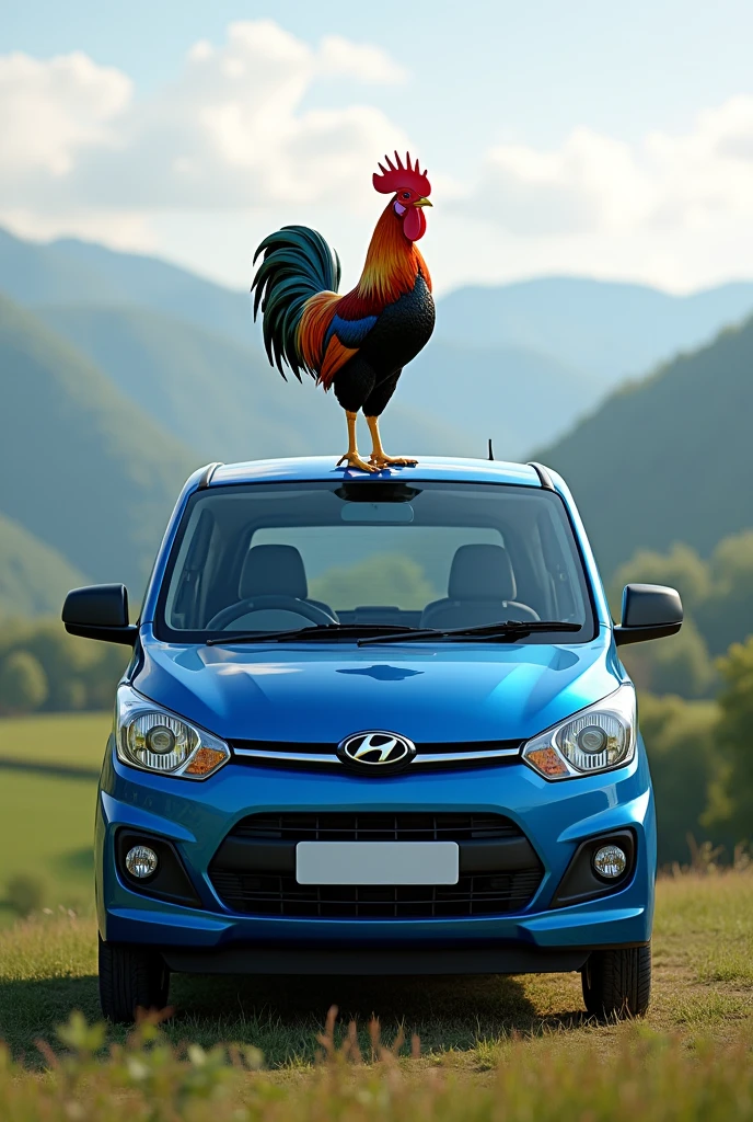 Rooster on a blue Hyundai Porter truck