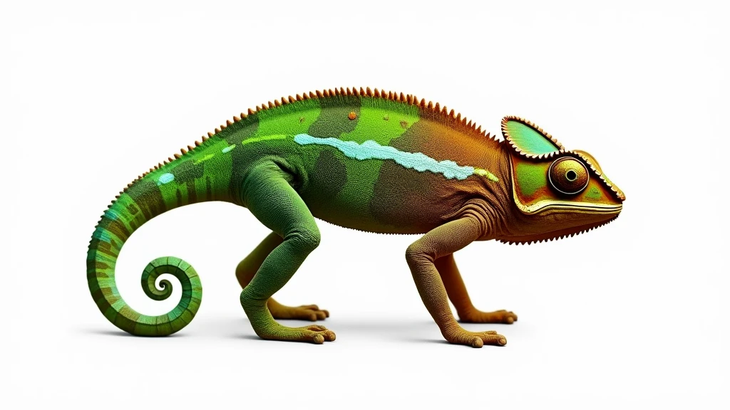 : A chameleon changing its color from green to brown, caught in transition, perfectly isolated on a clean white background. 8k