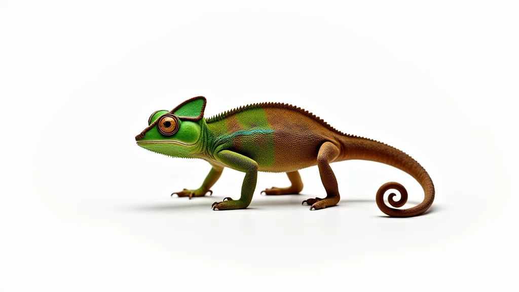 : A chameleon changing its color from green to brown, caught in transition, perfectly isolated on a clean white background. 8k  