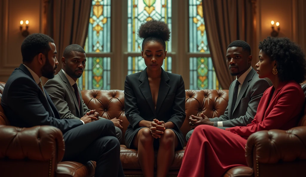 one muslim man, one jamaican man and one african woman sitting in couches and staring at an executive black woman, in a big office in the style of the godfather movies, stained glass windows at sides
