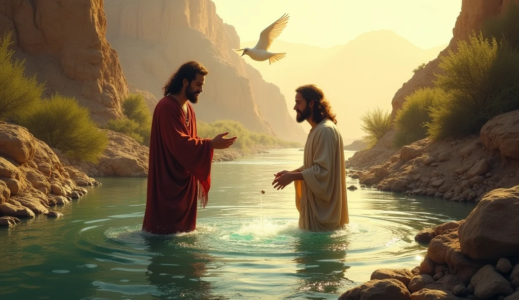 biblical history,
John the Baptist baptizes Jesus in the Jordan River, deep down several sinners