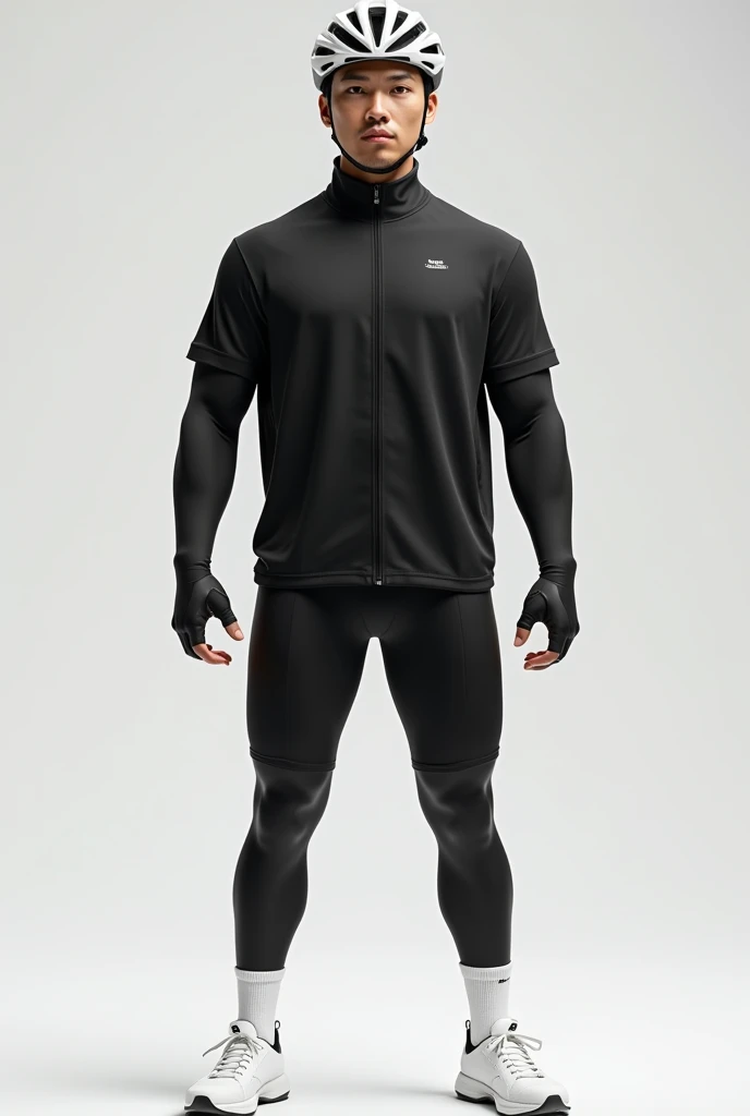 Asian,Are standing,male,A loose black short-sleeved sports shirt,Black arm sleeves,Black running shorts,Black leg sleeves,White socks,White low-cut sneakers,White cycling helmet