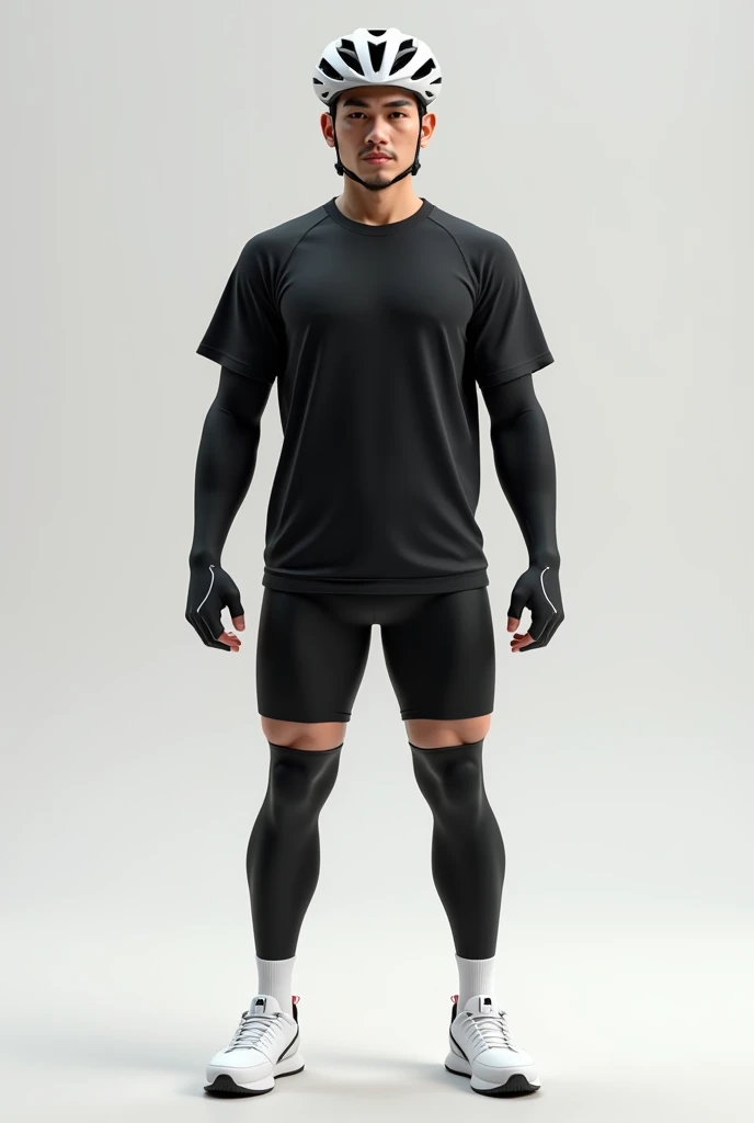 Asian,Are standing,male,A loose black short-sleeved sports shirt,Black arm sleeves,Black running shorts,Black leg sleeves,White socks,White low-cut sneakers,White cycling helmet