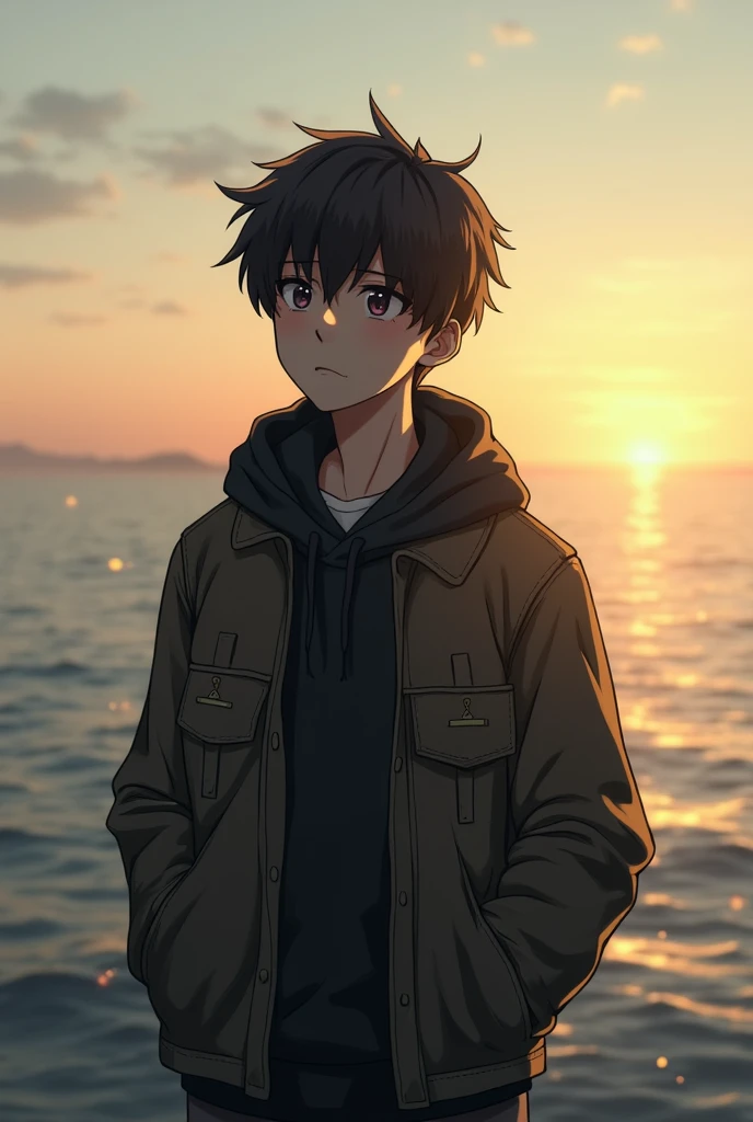 sad boy in jacket near see at evening