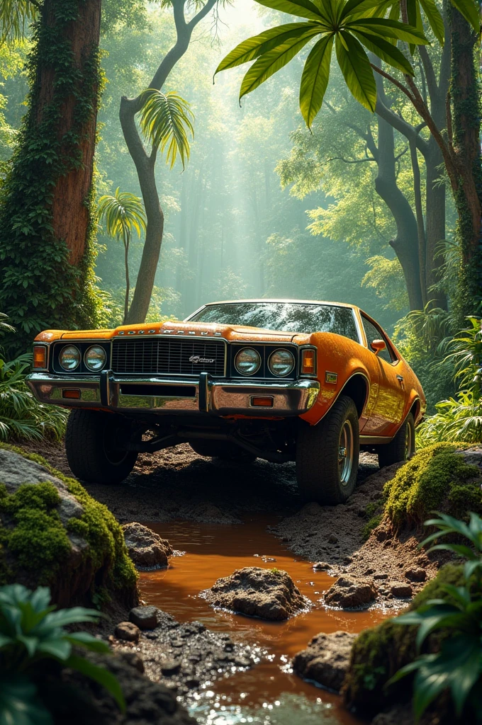 I want a photo of a 4x4 Grand Torino in the jungle 