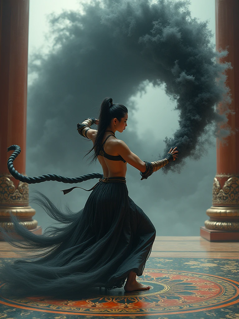 fit cruel outrageous beautiful model Asian woman ornate model ninja tornado holding dark wind storm tornado whip, gripping tornado, fighting tornado storm in arena, abdominals contours sculpted