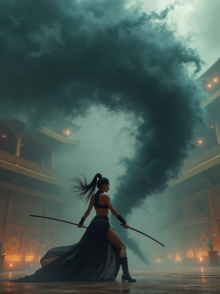 fit cruel outrageous beautiful model Asian woman ornate model ninja tornado holding dark wind storm tornado whip, gripping tornado, fighting tornado storm in arena, abdominals contours sculpted