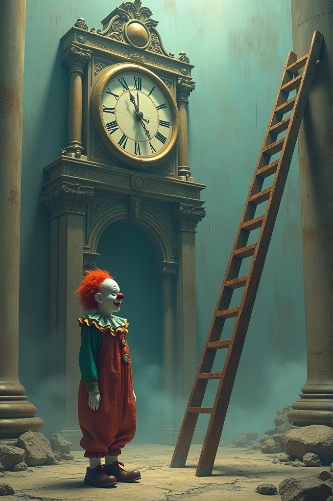 Create image of a  ladder and a huge stopped clock and a clown looking at death smiling