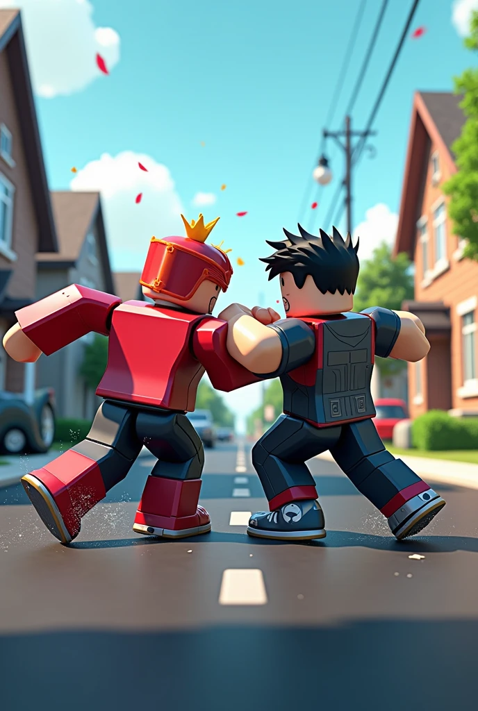 Roblox characters in a fight in a neighborhood